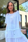 Tasha Damask Cap Sleeve Button Top White